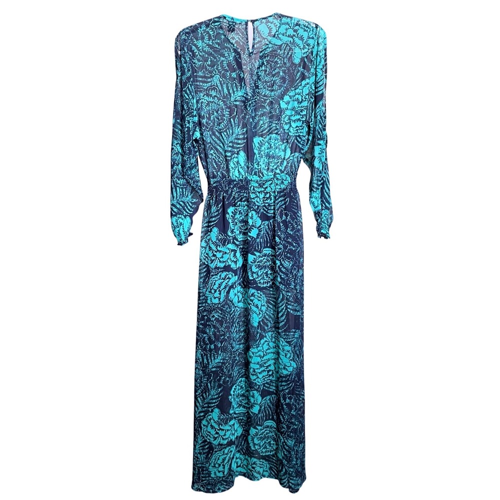 H&M Women Teal Navy Floral Chiffon Maxi Dress Size 6 Metal Bar VNeck Long Sleeve - Picture 3 of 9